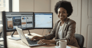 Freelancer using best AI tools in 2026 on a laptop in a modern USA home office
