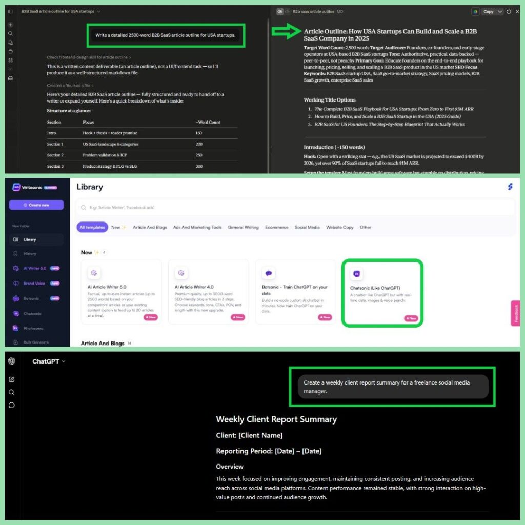 Side-by-side comparison of ChatGPT Claude and Jasper AI dashboards for freelancers