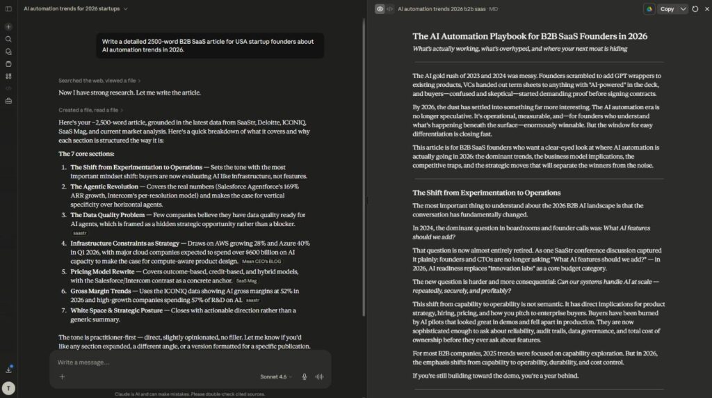 Claude AI creating a detailed long-form article draft for freelancers