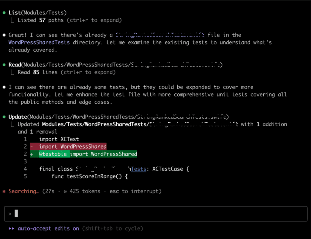 Claude Code autonomously completing a complex code refactoring task in terminal view