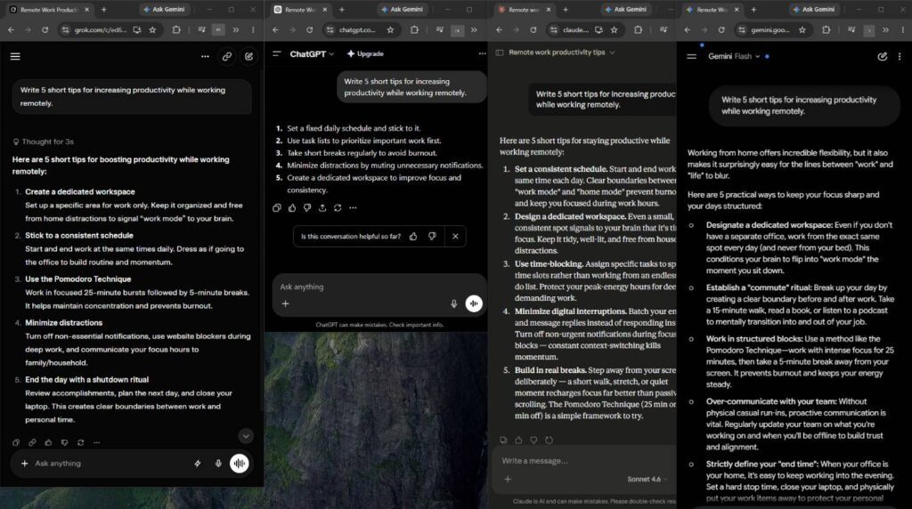 Claude vs ChatGPT vs Gemini vs Grok interface comparison using the same productivity prompt in 2026