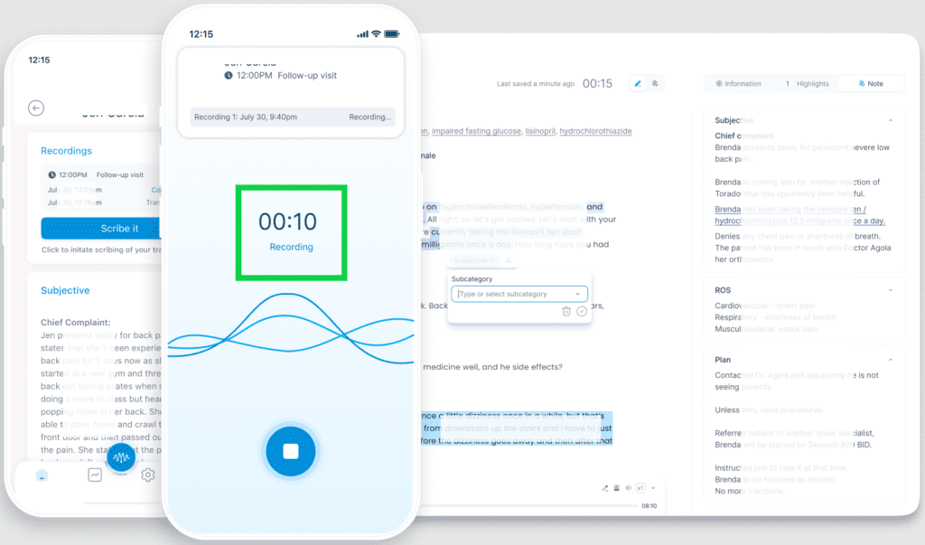 DeepScribe smartphone interface showing active ambient session with waveform visualization and elapsed time indicator
