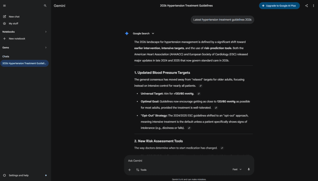 Google Gemini interface showing clinical guideline query with real-time search-based responses