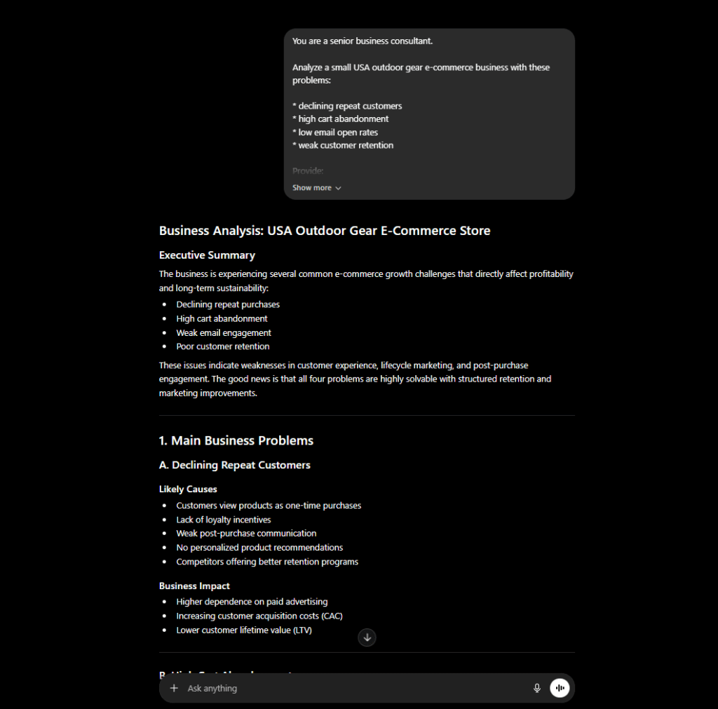 GPT-5 generating a detailed small business analysis report