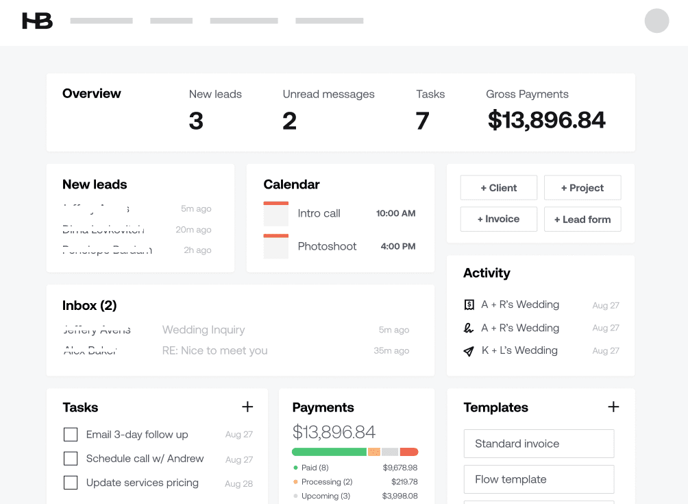 HoneyBook AI dashboard showing automated invoice workflow for freelancers
