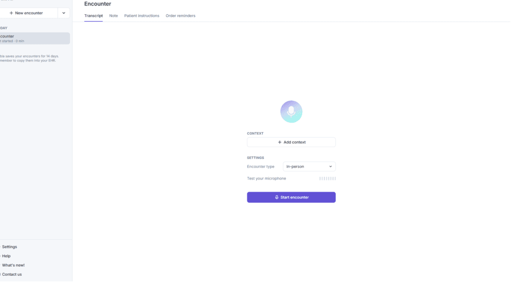 Nabla Copilot session interface showing real-time note generation with encounter timer and note preview