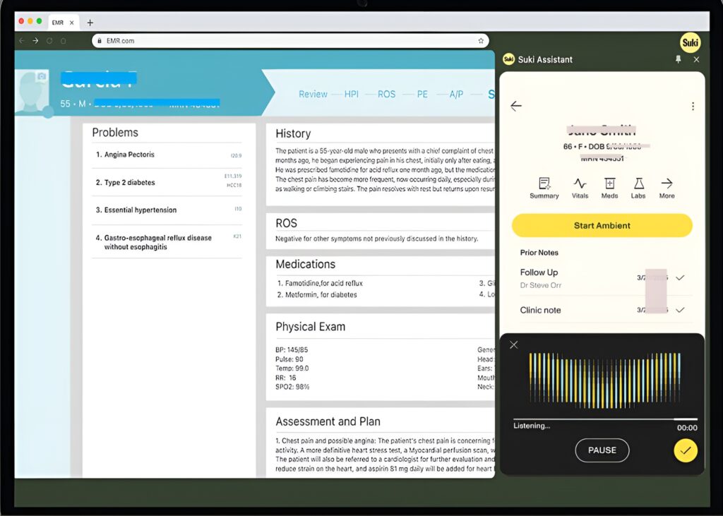 Suki AI voice assistant integrated into EHR interface showing hands-free navigation commands