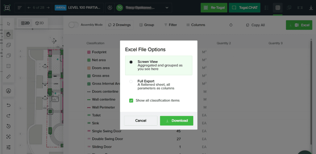 AI construction takeoff dashboard showing automated plan recognition