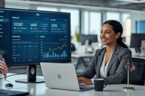 HR manager reviewing and testing AI HR tools on laptop in modern USA office 2026