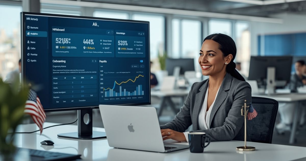 HR manager reviewing and testing AI HR tools on laptop in modern USA office 2026