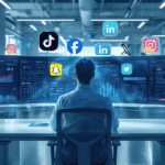 Social media manager using AI tools on multiple screens to manage social media content in 2026