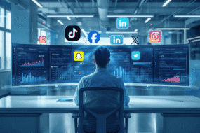 Social media manager using AI tools on multiple screens to manage social media content in 2026