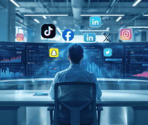 Social media manager using AI tools on multiple screens to manage social media content in 2026