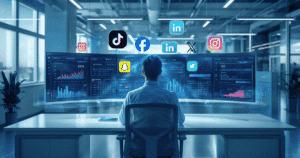 Social media manager using AI tools on multiple screens to manage social media content in 2026