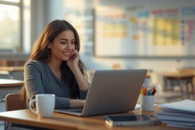 Teacher using AI lesson planning tool on laptop in modern USA classroom 2026