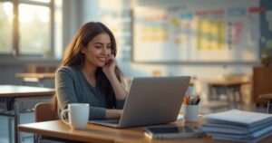 Teacher using AI lesson planning tool on laptop in modern USA classroom 2026