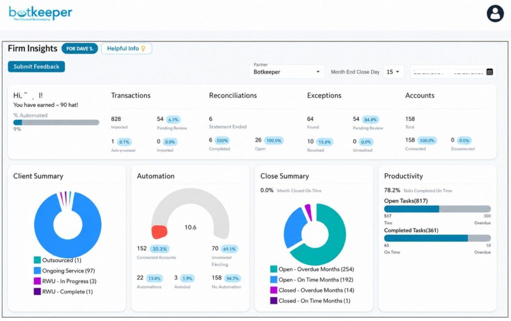 Botkeeper automated reconciliation dashboard showing flagged exceptions for CPA review