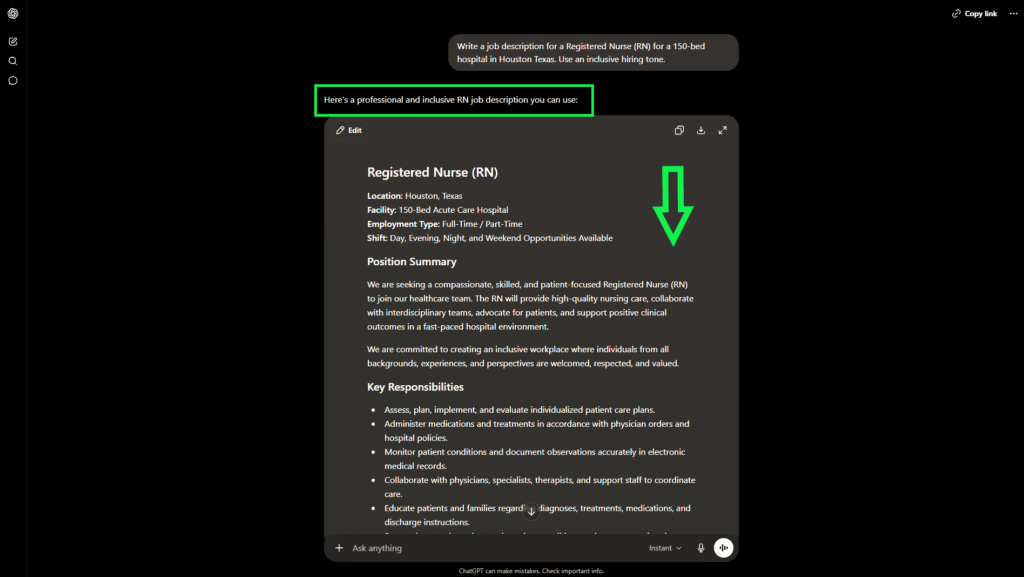 ChatGPT generating an HR job description for recruitment
