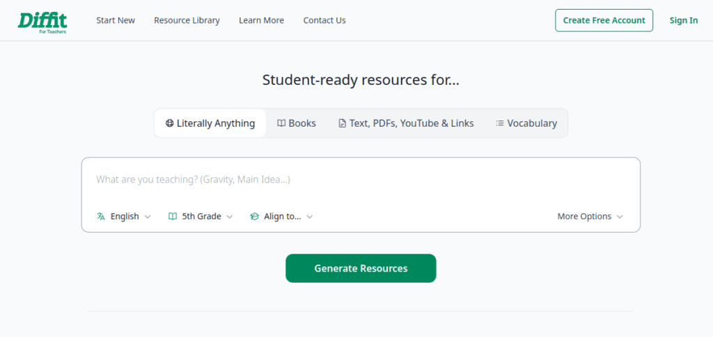 Diffit AI interface showing differentiated reading materials with vocabulary and comprehension questions