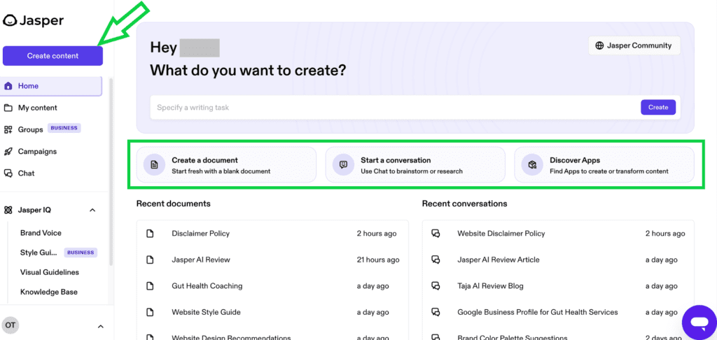 Jasper AI product description template dashboard
