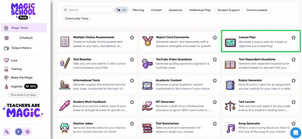 MagicSchool AI dashboard showing lesson plan generator, differentiation tools and IEP assistant