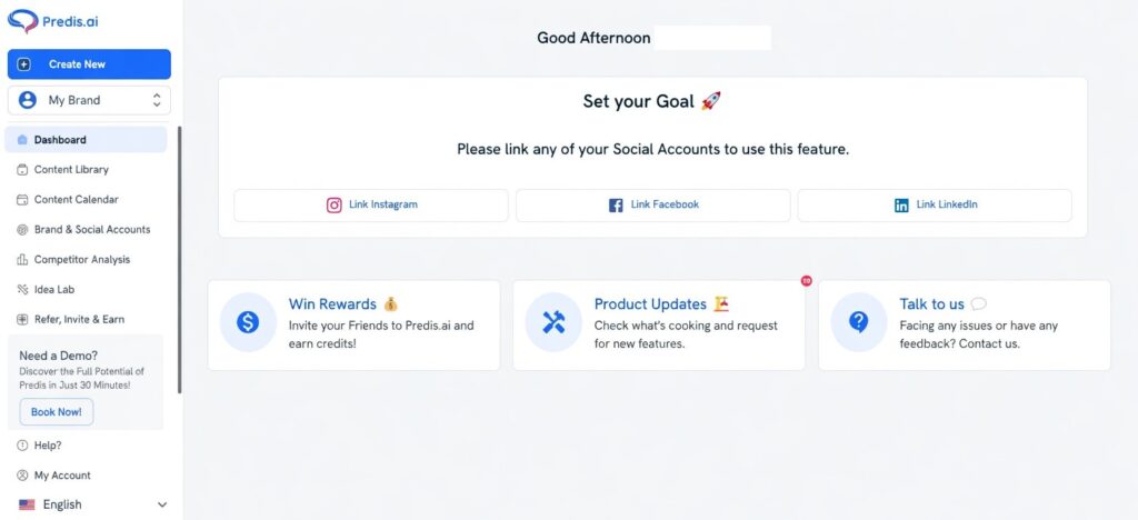 Predis AI dashboard showing competitor analysis and social media post preview