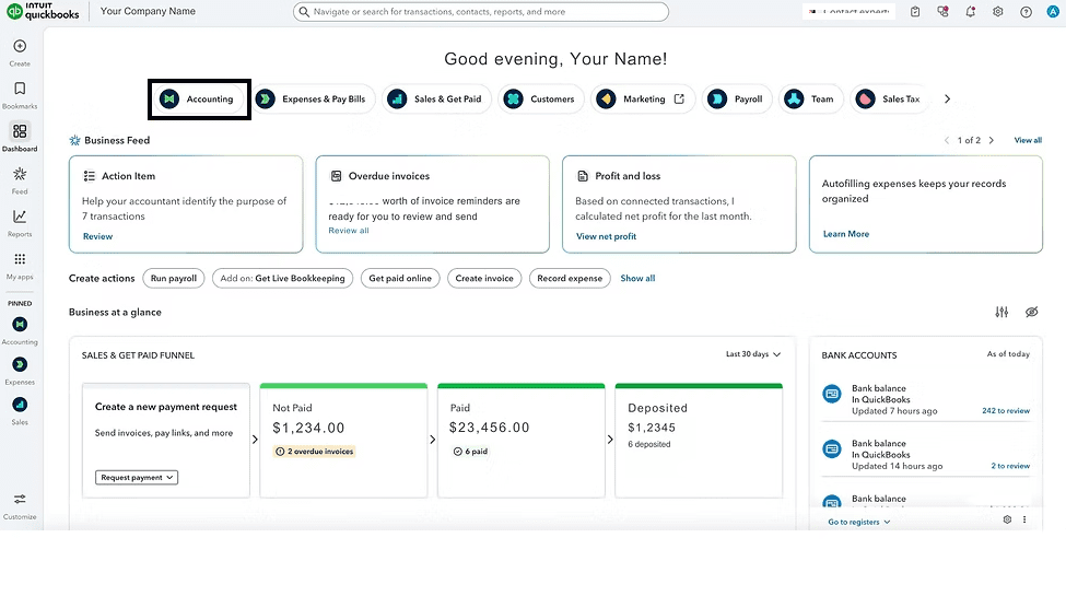 QuickBooks AI dashboard showing automated transaction categorization and month-end reconciliation summary