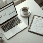 Financial advisor's desk with laptop showing AI meeting notes dashboard and tax planning documents