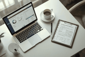 Financial advisor's desk with laptop showing AI meeting notes dashboard and tax planning documents