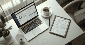 Financial advisor's desk with laptop showing AI meeting notes dashboard and tax planning documents