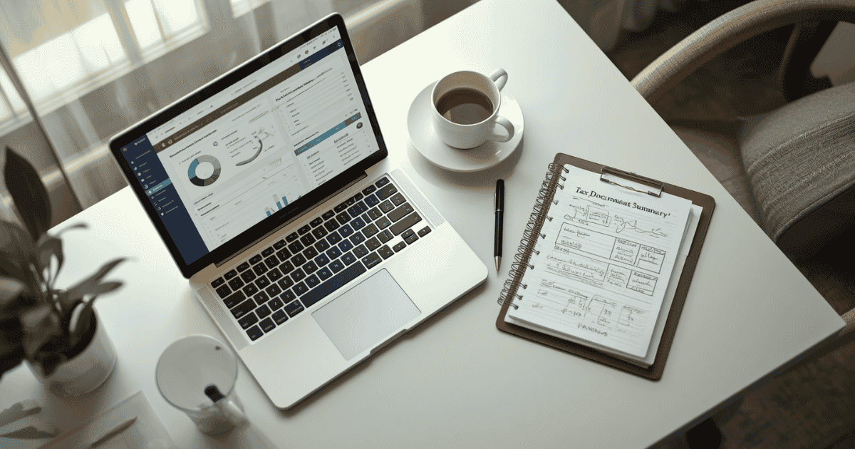 Financial advisor's desk with laptop showing AI meeting notes dashboard and tax planning documents