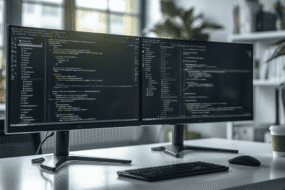 Developer testing Cursor AI code editor on a dual-monitor desk setup in 2026