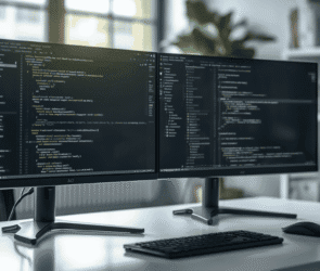 Developer testing Cursor AI code editor on a dual-monitor desk setup in 2026