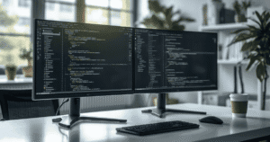 Developer testing Cursor AI code editor on a dual-monitor desk setup in 2026