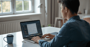 Non-developer using an AI vibe coding tool on a laptop to build a website