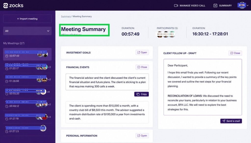 Zocks AI meeting summary dashboard for financial advisors