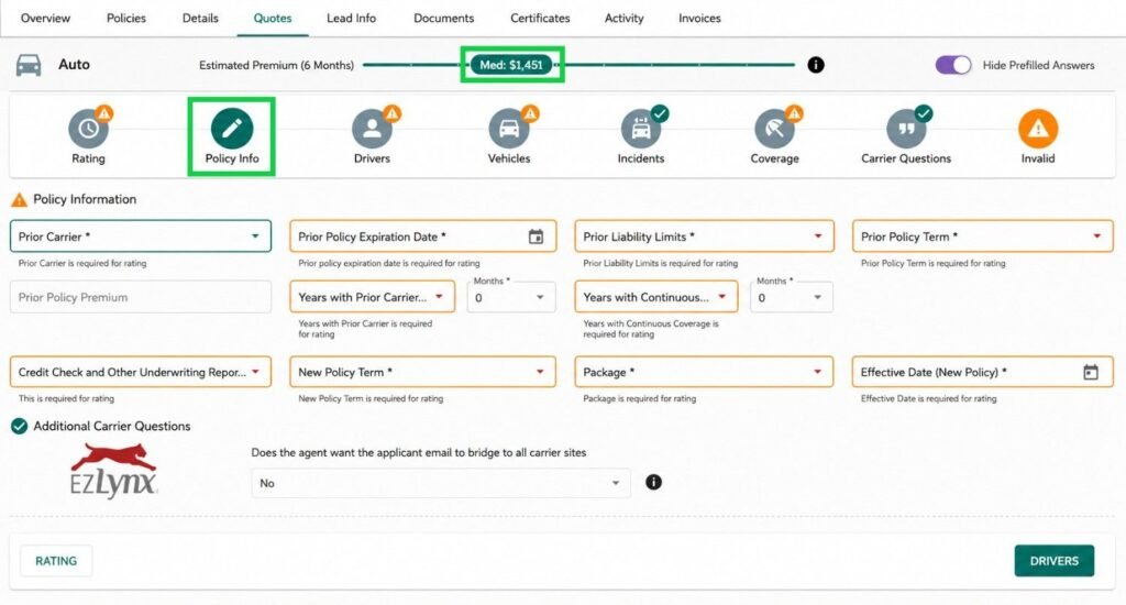 EZLynx multi carrier insurance quote comparison dashboard