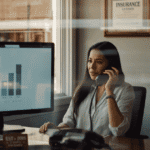 Independent insurance agent on a call with an AI-powered quote comparison on screen in a small-town agency office