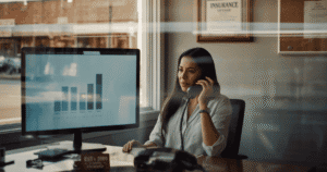 Independent insurance agent on a call with an AI-powered quote comparison on screen in a small-town agency office