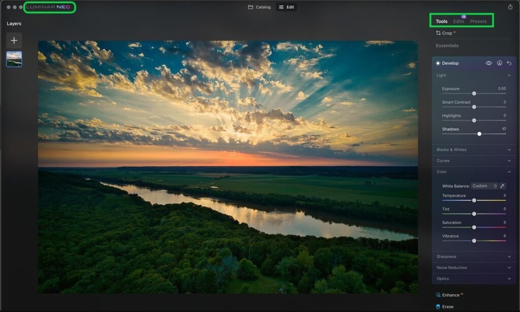 Luminar Neo AI photo editing interface