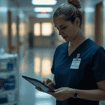 Nurse at a hospital nurses' station reviewing an AI-generated shift handoff summary on a tablet