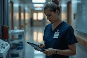 Nurse at a hospital nurses' station reviewing an AI-generated shift handoff summary on a tablet