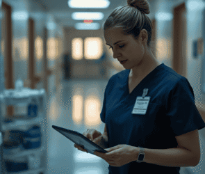 Nurse at a hospital nurses' station reviewing an AI-generated shift handoff summary on a tablet