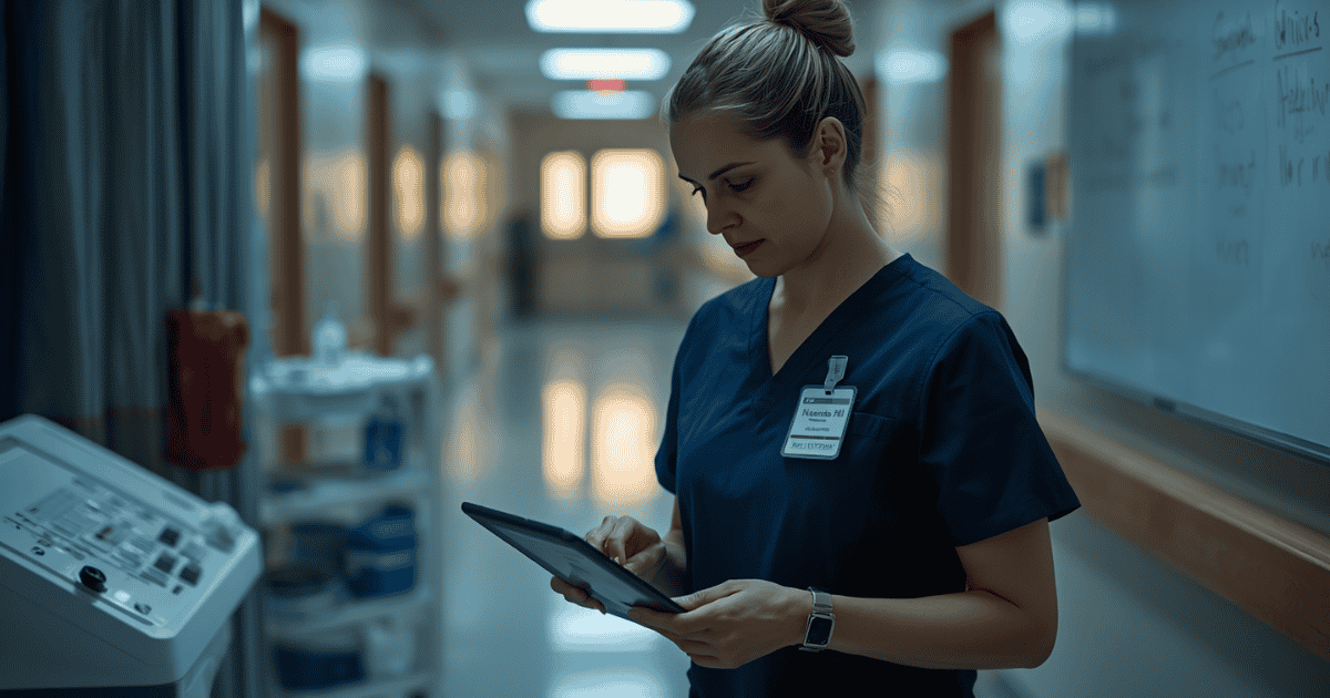 Nurse at a hospital nurses' station reviewing an AI-generated shift handoff summary on a tablet