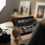 Photographer's hands culling a wedding photo gallery on a tablet using AI-assisted sorting