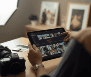 Photographer's hands culling a wedding photo gallery on a tablet using AI-assisted sorting