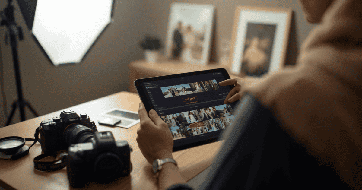 Photographer's hands culling a wedding photo gallery on a tablet using AI-assisted sorting