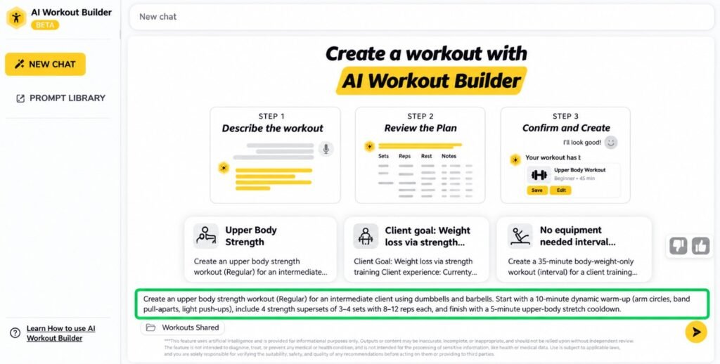 ABC Trainerize AI Workout Builder showing a personalized workout