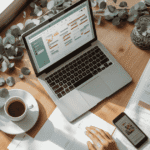 Event planner's desk with laptop showing an AI-generated event timeline, seating chart, and phone, representing AI tools for event planners in the USA