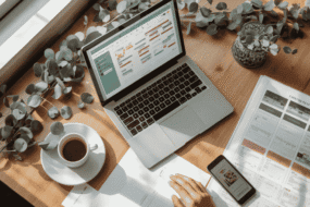 Event planner's desk with laptop showing an AI-generated event timeline, seating chart, and phone, representing AI tools for event planners in the USA